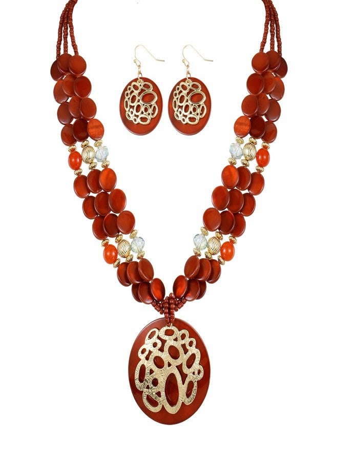 Xalroco Gold / Silver plated Circle Metal Patterned Shell Pendant Necklace and Earrings Colorful Chunky Layered Shell Crystal Stone Beads Necklace Set for Women Leopard Print Brown Jewelry Set Gift (burnt orange) - Image 1